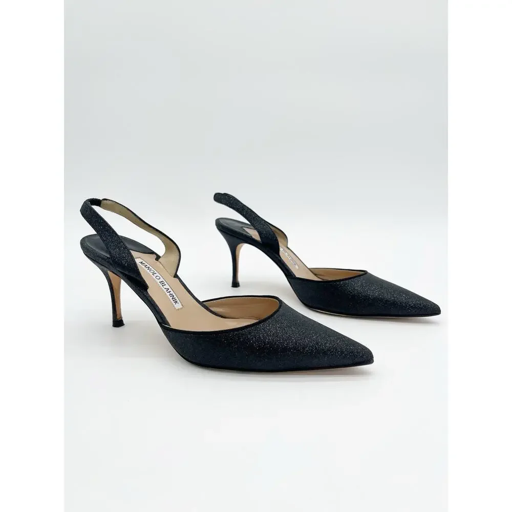Manolo Blahnik Carolyne Black Glitter Pointed Toe Slingback Stiletto Heels IT 38